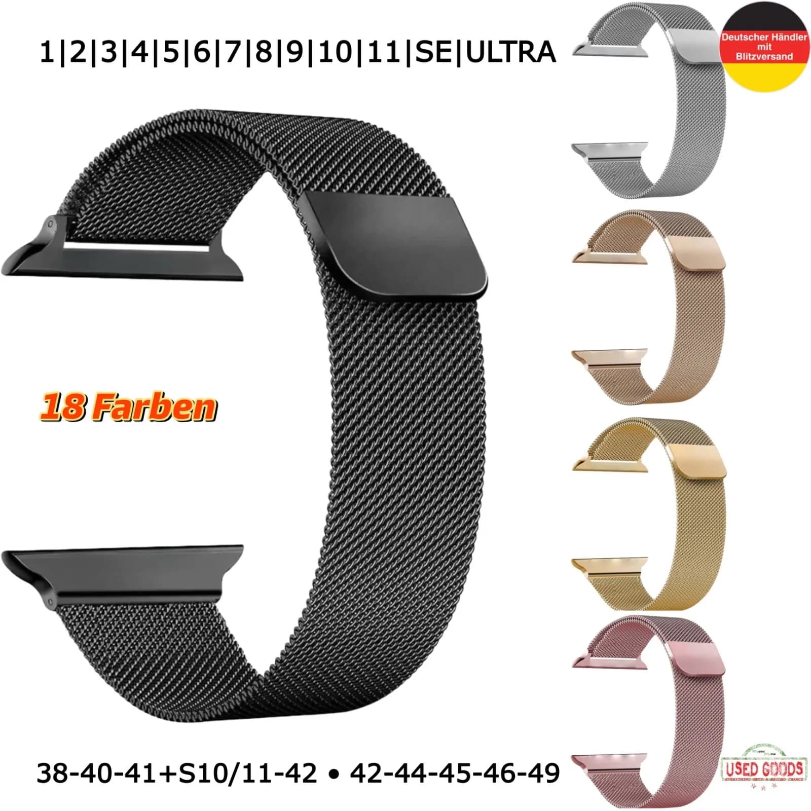 Schwarzes Milanaise-Armband für Apple Watch, daneben vier farbige Varianten in Grau, Braun, Gold und Rosé
