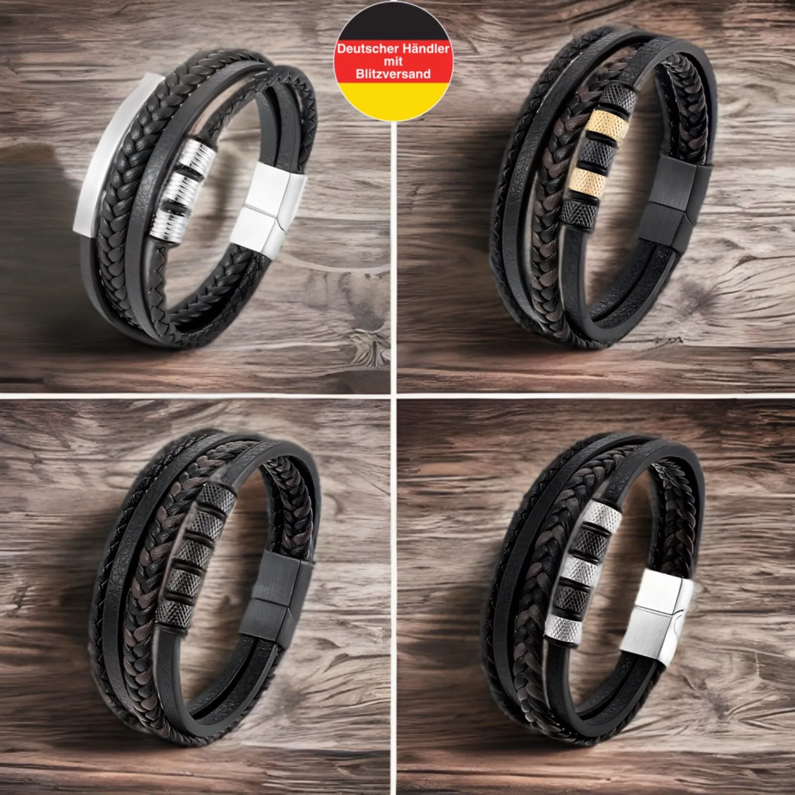 Vier Lederarmbänder in schwarzer Farbe mit Metallverschlüssen, verschiedene Designs nebeneinander
