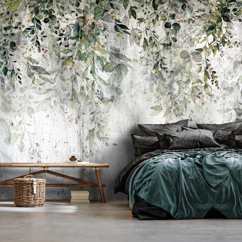 Fototapete Blätter grün Pflanzen Beton Wohnzimmer VLIES TAPETE XXL + KLEISTER