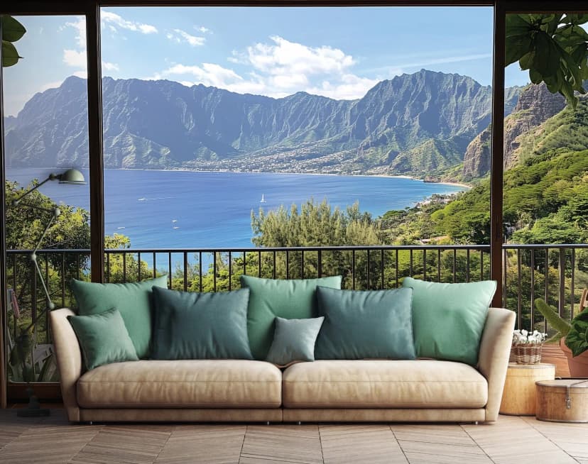 Fototapete 3D Effekt Fenster Natur Berge Meer VLIES TAPETE XXL + KLEISTER 261