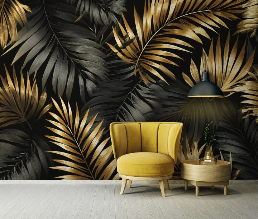 Fototapete Blätter Natur Schwarz Gold Modern VLIES TAPETE XXL + KLEISTER 489