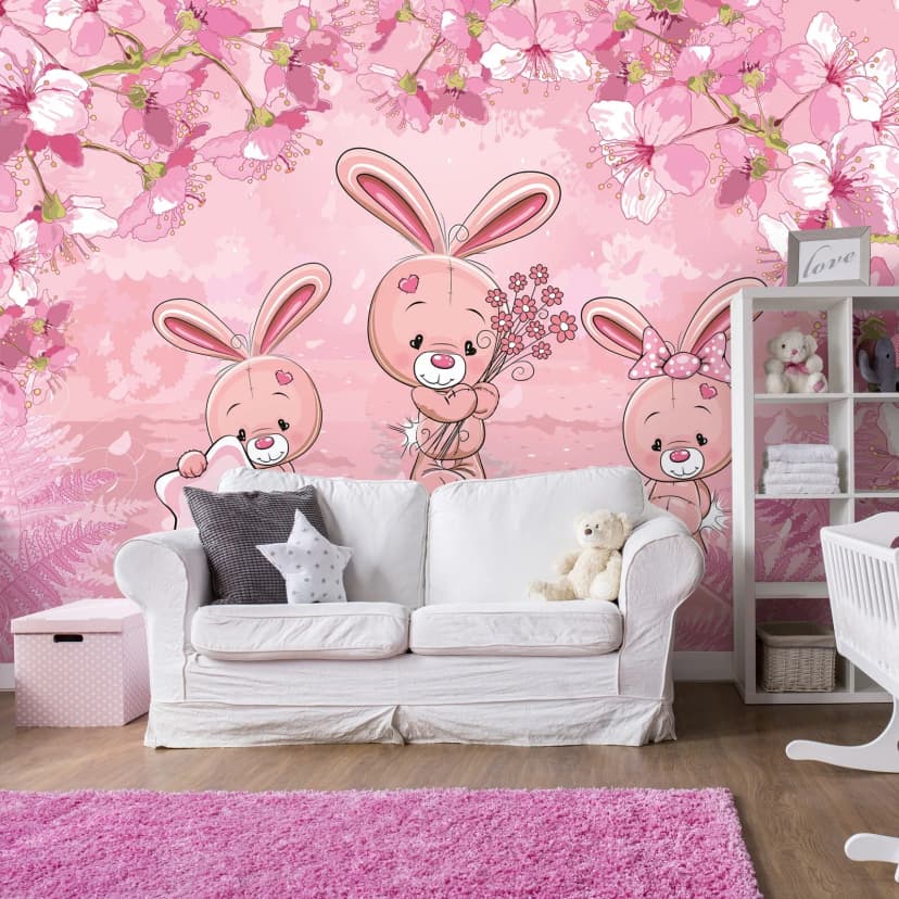 Vlies Fototapete Kinderzimmer Mädchen Kaninchen Rosa Blumen TAPETE + KLEISTER