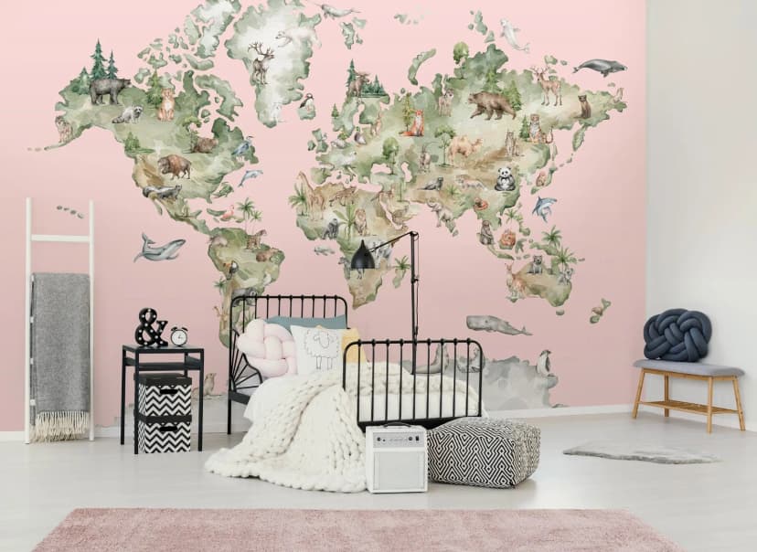 Fototapete Kinderzimmer Weltkarte Ozeane Länder Rosa VLIES TAPETE XXL 314