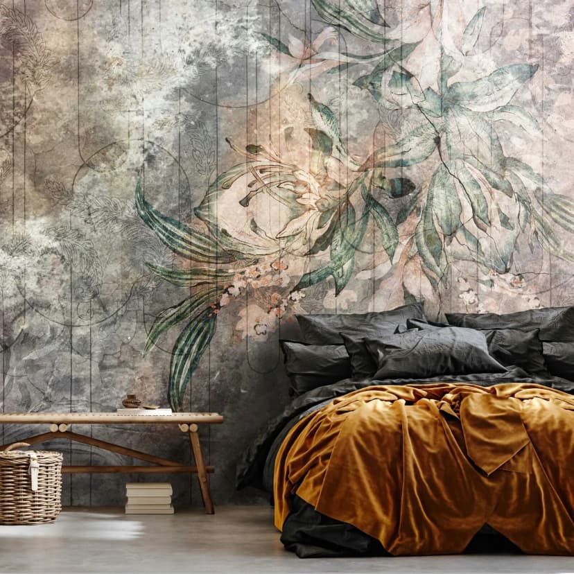 Fototapete Blätter Blumen Beton Vintage Wohnzimmer VLIES TAPETE XXL + KLEISTER
