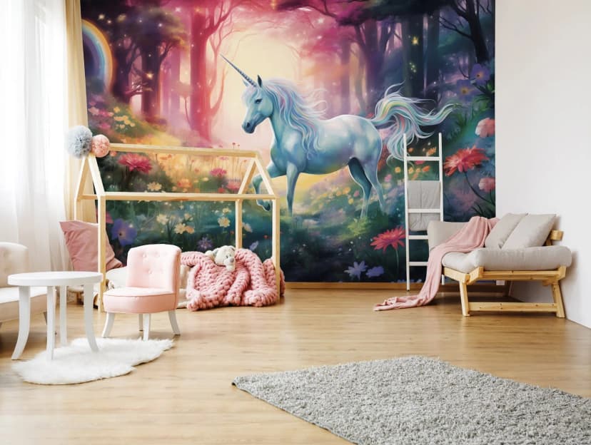 Fototapete Kinderzimmer Einhorn Aquarell Bunt Tier Mädchen VLIES TAPETE XXL 287