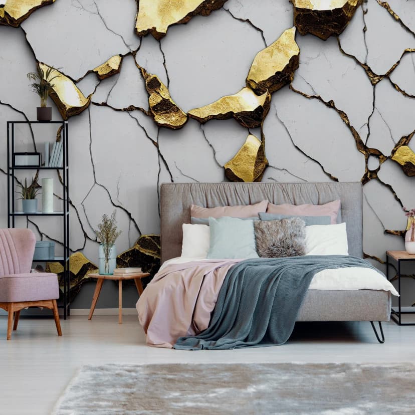 Fototapete Marmor 3D EFFEKT Grau Gold Steinwand Steinoptik VLIES TAPETE XXL