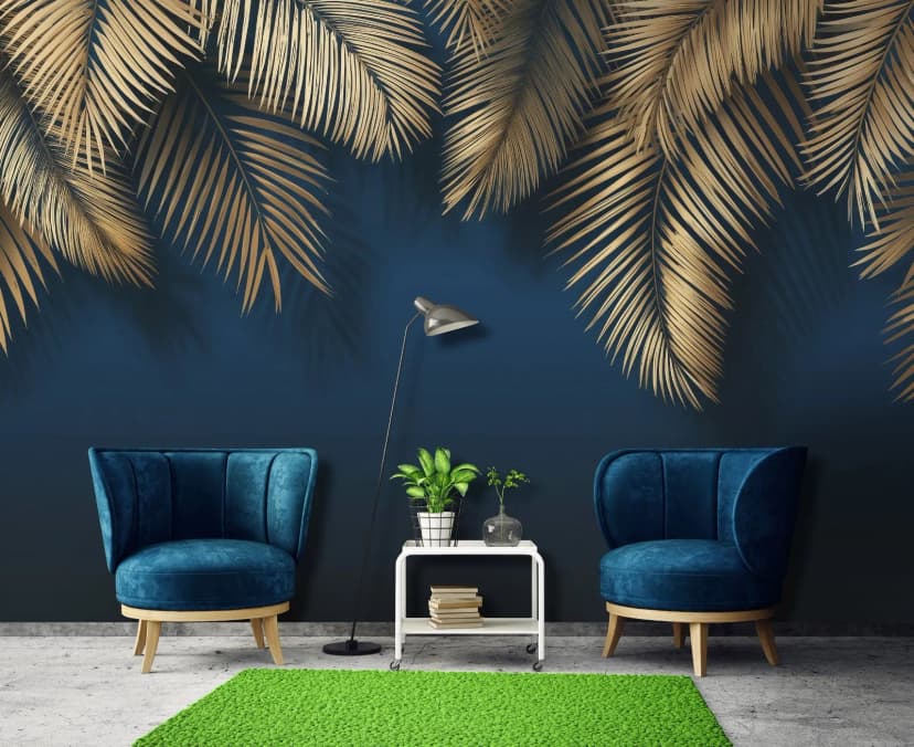 Fototapete Blätter Blau Gold Abstrakt Glamour VLIES TAPETE XXL + KLEISTER 520