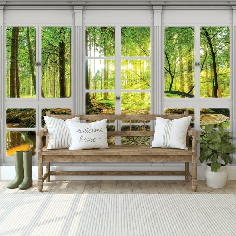 Vlies Fototapete Fensterblick 3D EFFEKT Wald Natur Landschaft Wohnzimmer XXL 834