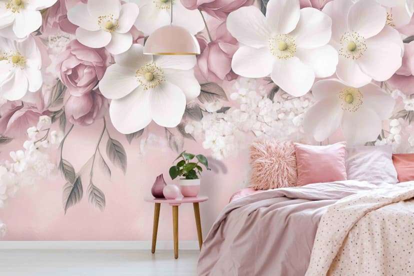Fototapete Blumen Große Rosa Apfelblüte Blätter VLIES TAPETE XXL + KLEISTER 291