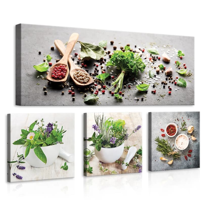 Leinwandbild Küche Kräuter Gewürz Wandbild Canvas Leinwand Bilder 4 teilig XXL