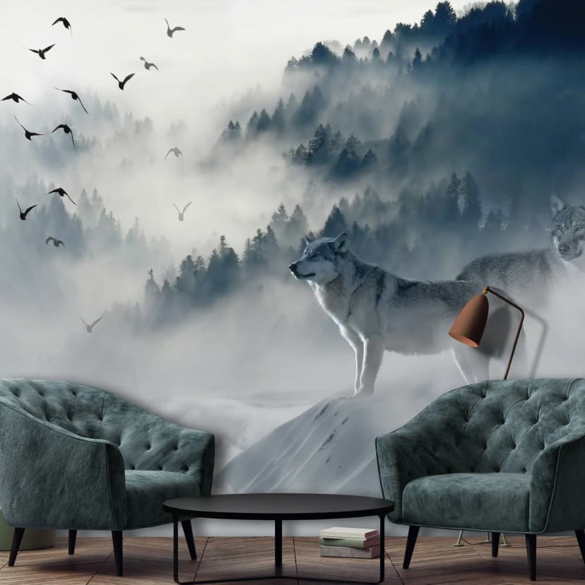 Vlies Fototapete Wolf Wald Nebel Bäume Wohnzimmer Schlafzimmer Vögel Tiere 5