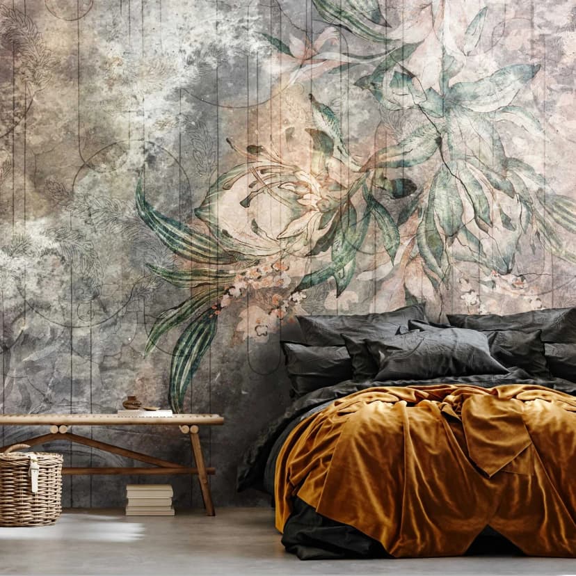 Fototapete Blätter Pflanzen Beton Vintage Wohnzimmer VLIES TAPETE XXL + KLEISTER