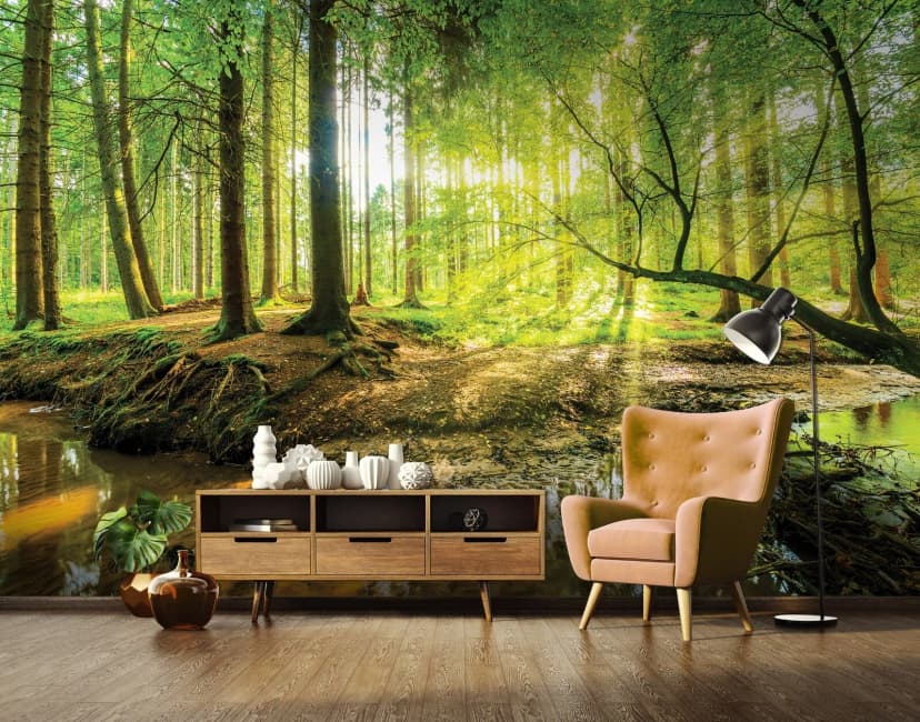Fototapete Wald Sonne Grün Natur Bäume Wohnzimmer VLIES TAPETE XXL + KLEISTER