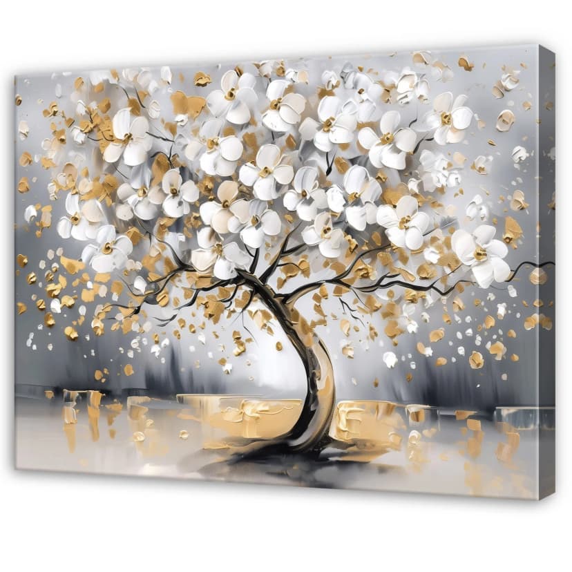 Leinwand Baum Blumen Gold Weiß Wandbilder Groß Leinwandbild Wanddeko 230