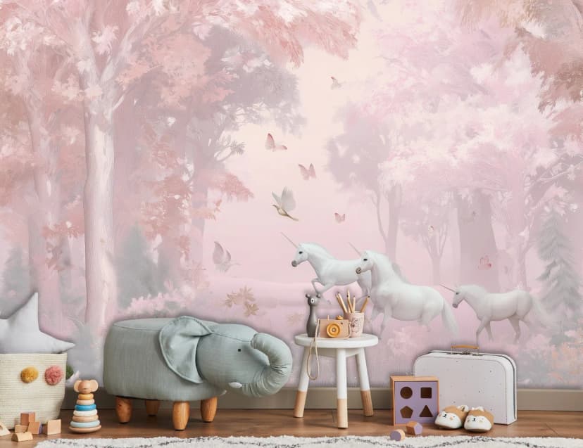Fototapete Kinderzimmer Einhörner Wald Rosa VLIES TAPETE XXL + KLEISTER 397