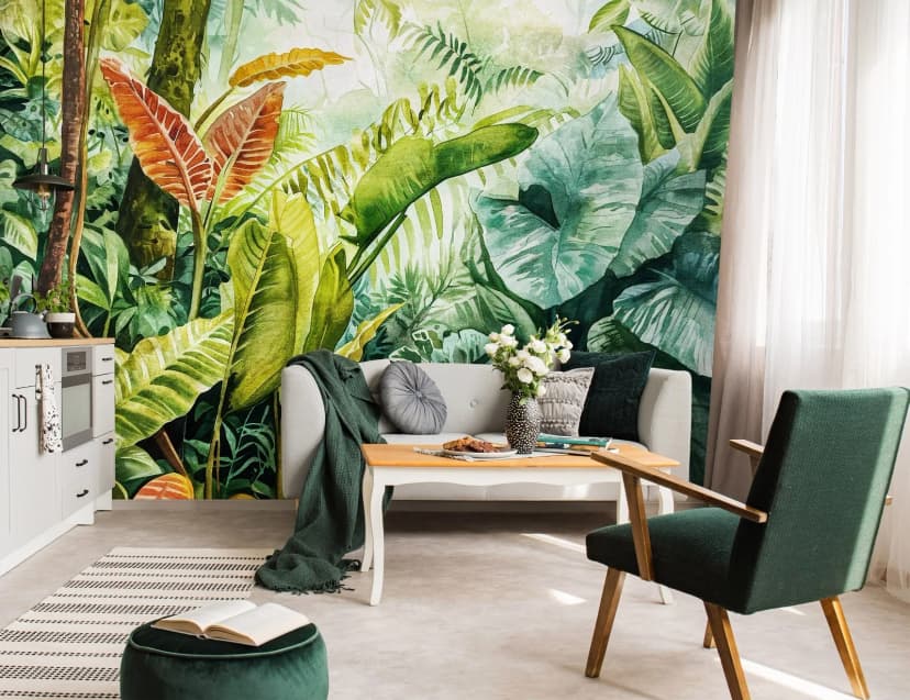 Fototapete Dschungel Aquarell Grün Wohnzimmer Schlafzimmer VLIES TAPETE XXL 286