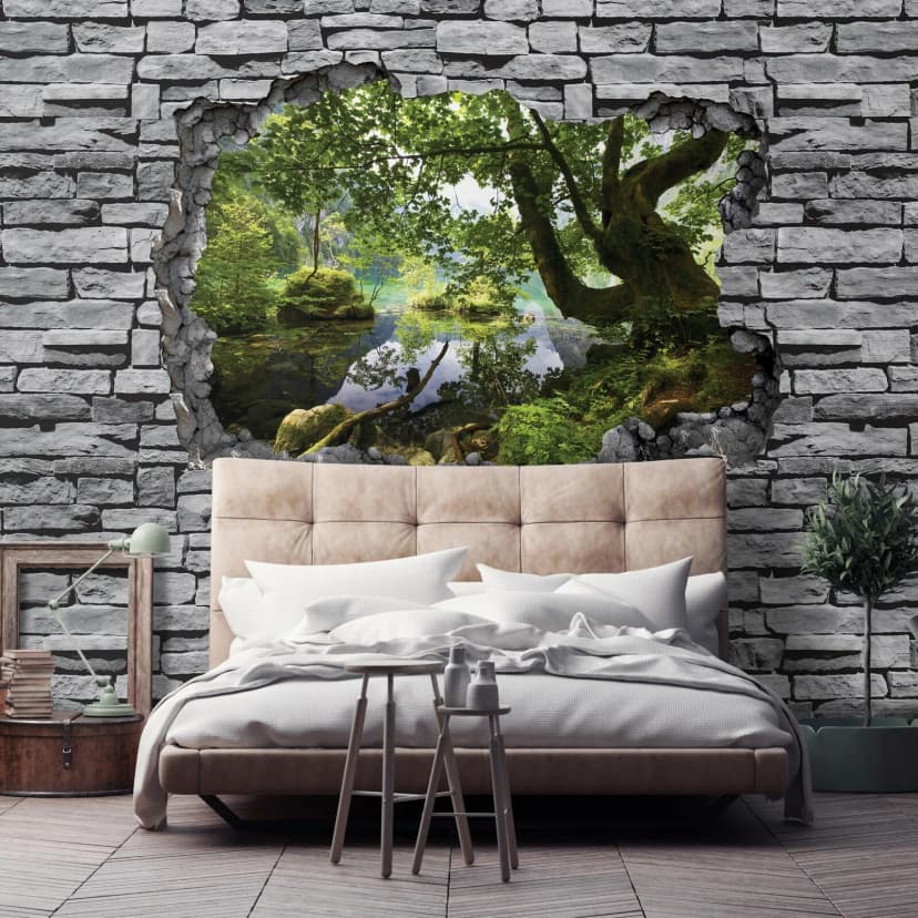 Vlies Fototapete 3D ZIEGEL Mauer Wald Optik Ausblick STEINOPTIK Steinwand XXL