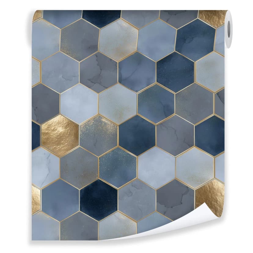 Vliestapete Hexagon Blau Gold Abstrakt Modern VLIES TAPETE XXL + KLEISTER 40