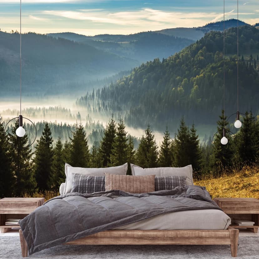 Fototapete Berge Landschaft Wald im Nebel Natur Bäume VLIES TAPETE Wohnzimmer