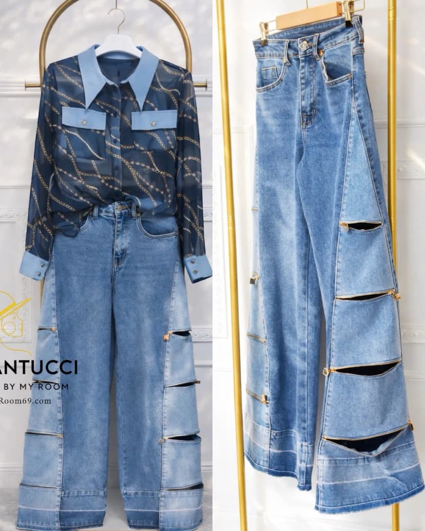 Damen Jeanshose Gil Santucci Blau Weites Bein mit Deko Reißverschlusses