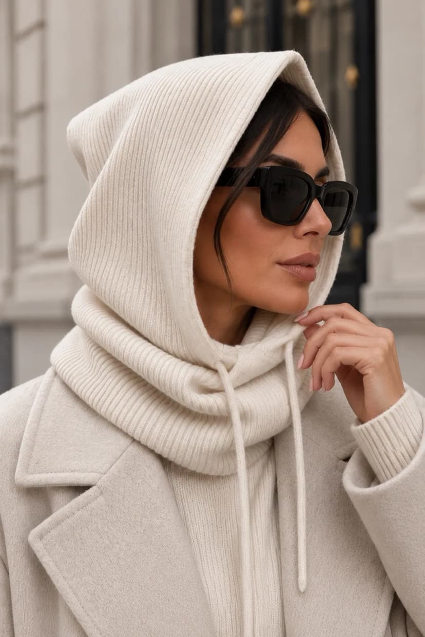 Gerippte Kapuze / Balaclava mit verstellbaren Kordeln und Kaschmiranteil