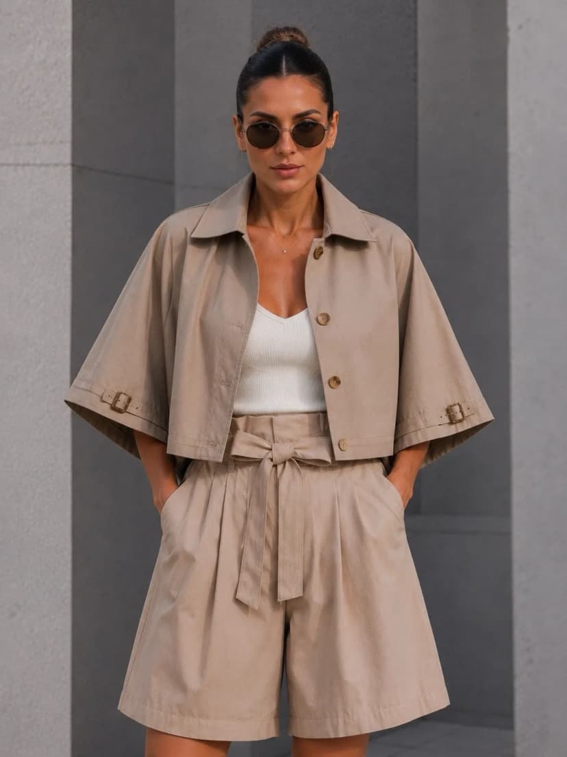 Damen Kurz-Trenchcoat Beige Trenchjacke Weit Oversize 3/4 Ärmel