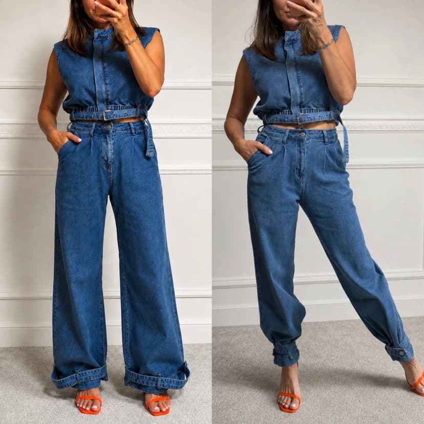 Damen Jeans Set Zweiteiler Weste Hose Wide Leg Denim Co-Ord Trend Blau Gr. L