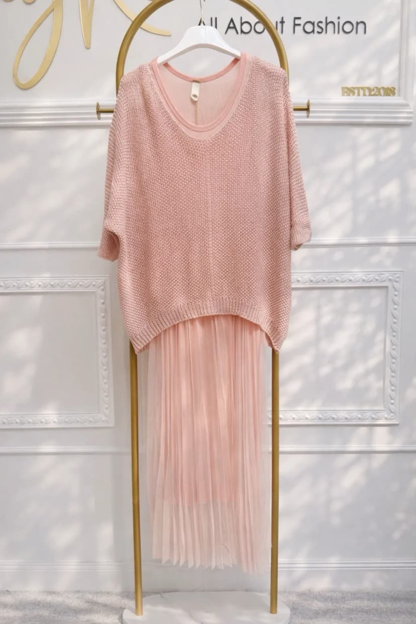 Damen Zweiteiliges plissiertes Kleid mit Ajour-Strickpullover Rosa