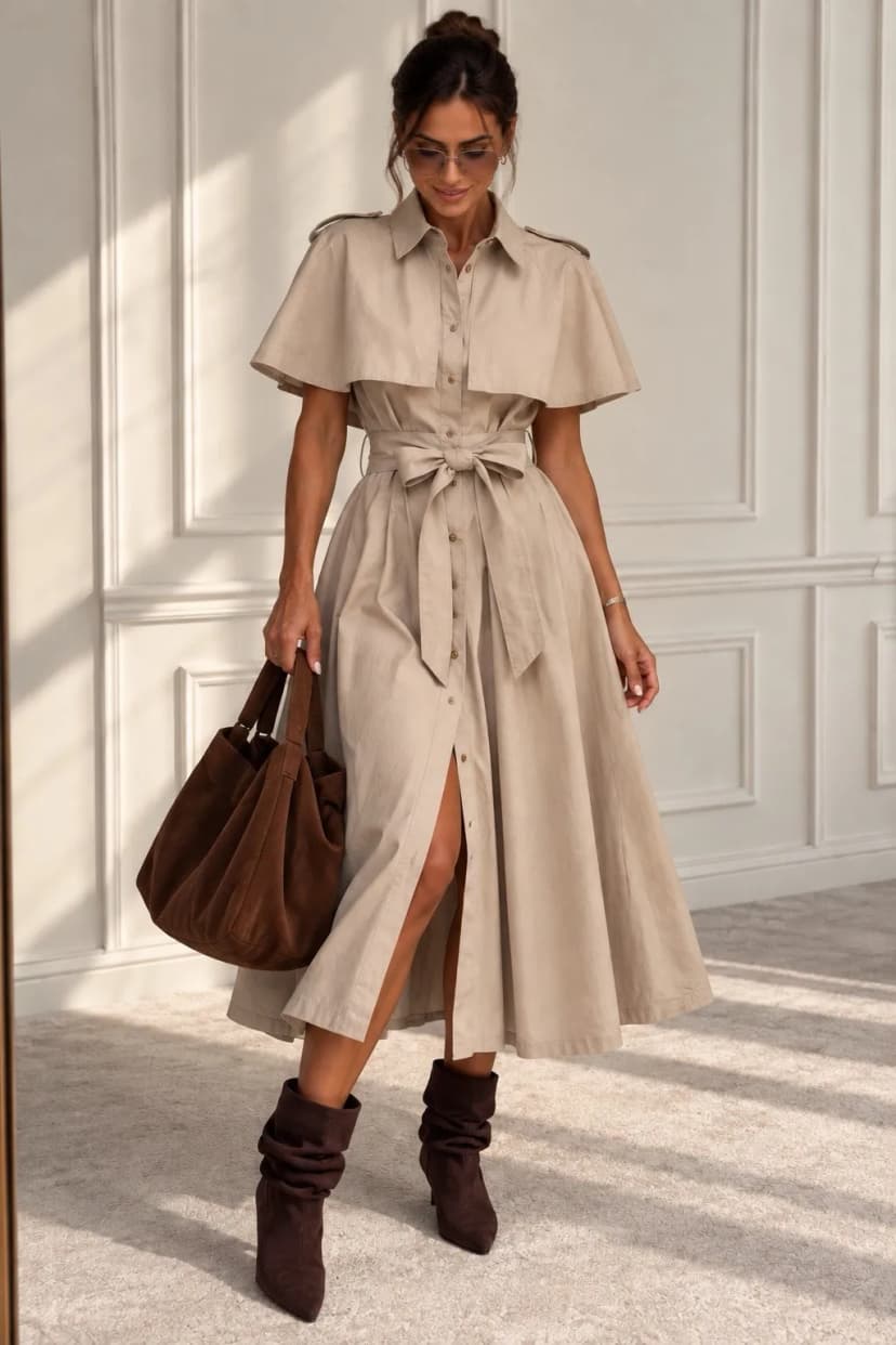Damen Midi-Hemdblusenkleid im Cape-Stil mit Bindegürtel. Beige Gr. M