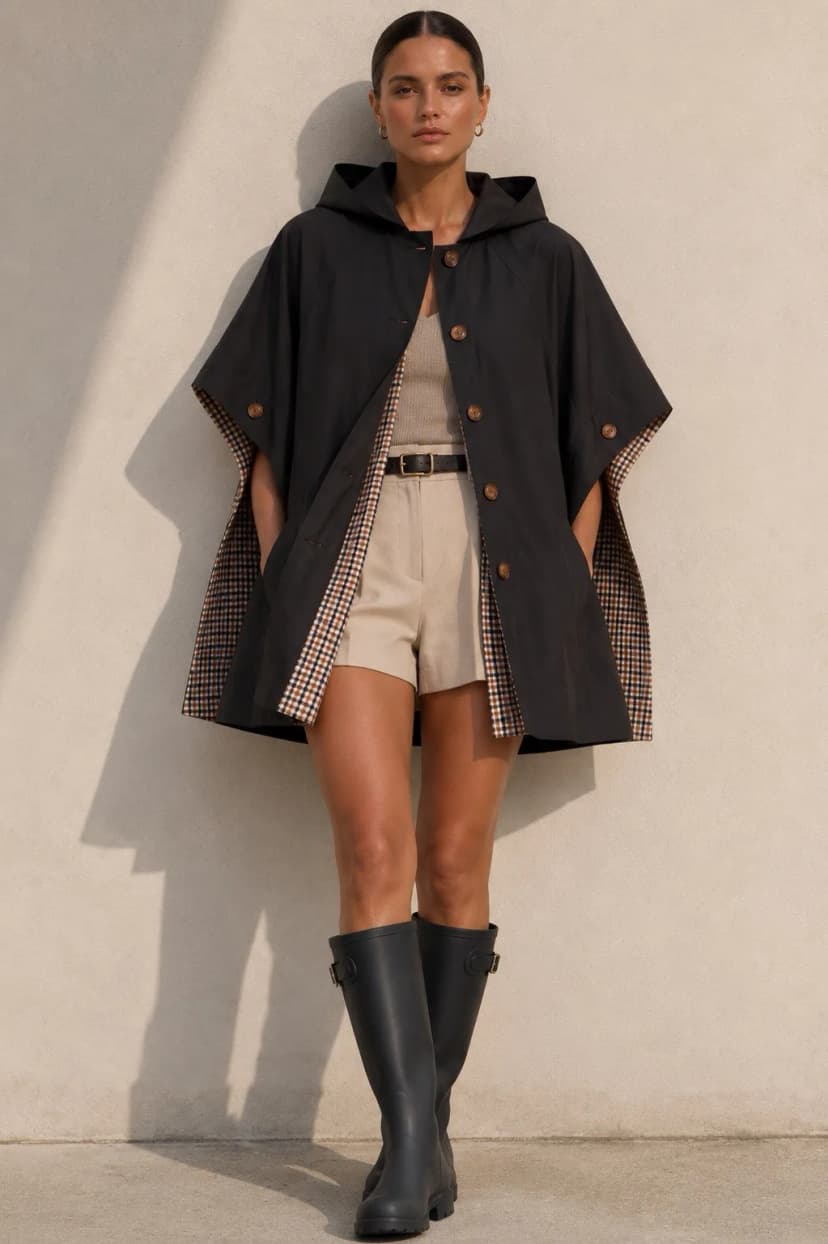 Damen Trench Cape mit Abnehmbare Kapuze und Karofutter. Schwarz