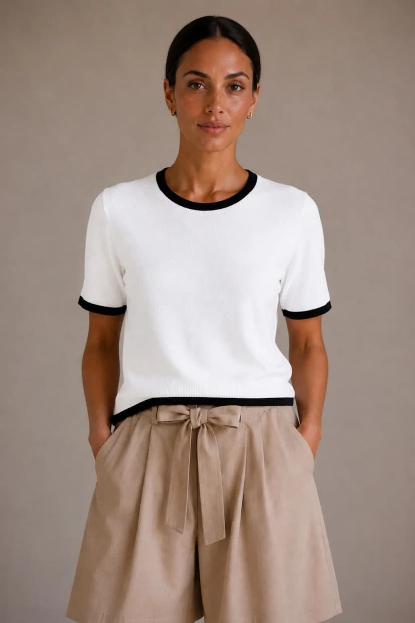 Damen Strickshirt mit Kontrastbesatz und kurzen Ärmeln Weiß /schwarz