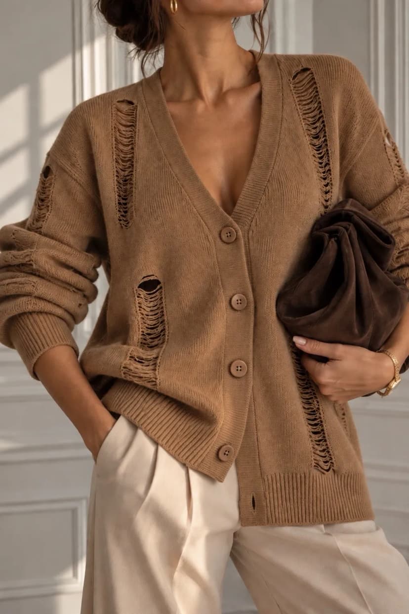 Damen Pullover Oversize Cardigan Strickjacke mit Cut Out Lochmuster Im Strick