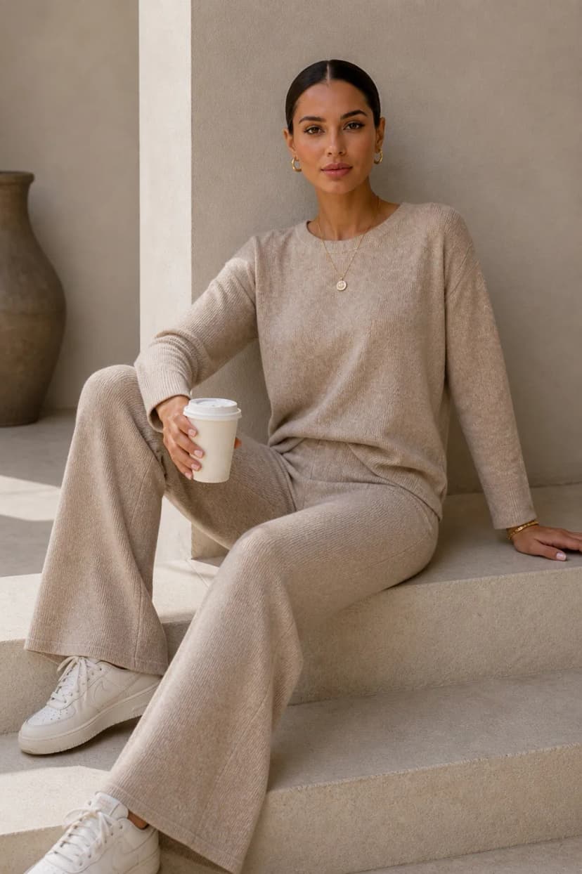 Damen Strickanzug Zweiteiler Pullover mit Schlaghose Elegant Komfort Freizeit