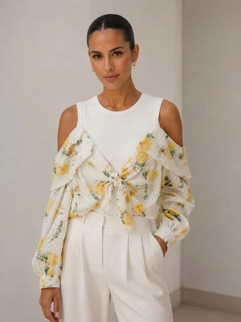Damen Lochstickerei Bluse Zitrone 100% Baumwolle