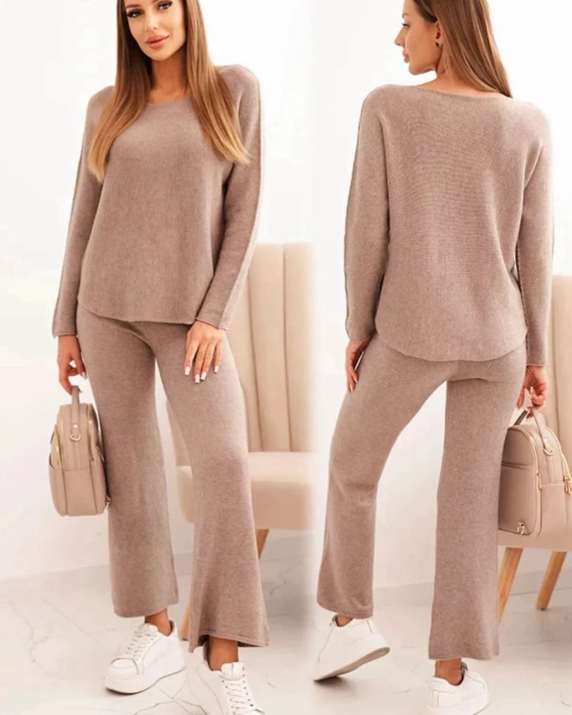 Damen Strickanzug Zweiteiler Pullover mit Schlaghose Elegant Komfort Freizeit