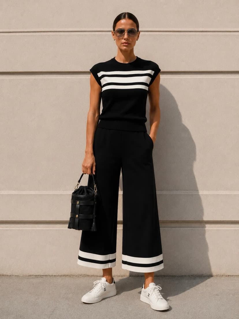 Feinstrick Zweiteiler Damen Set Viskose Culotte Blogger Look Schwarz Outfit S/M