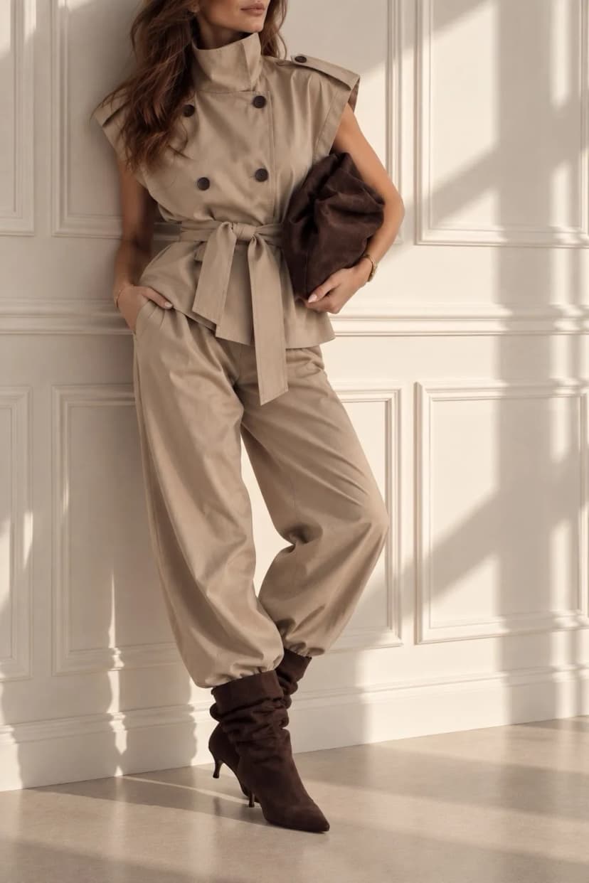 Damen Zweiteiler – Trenchcoat-Weste & Hose Taupe