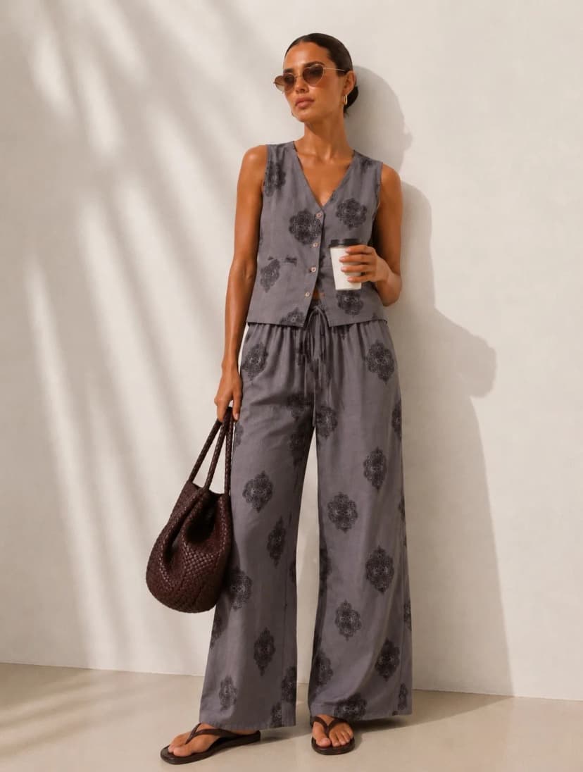 Damen Italy Damen Zweiteiler Set Weste Palazzo Hose Leinen Viskose Blogger S/M