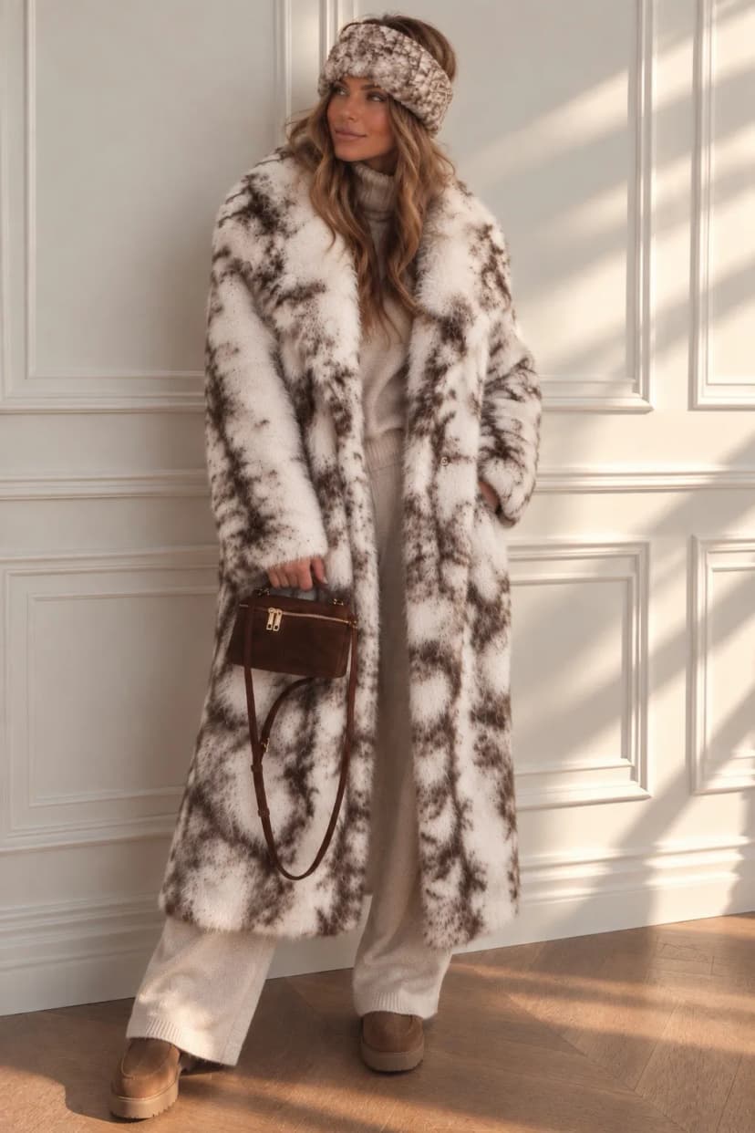Damen Langer Kunstfell Mantel Weiß / Braun Wiech , Luxus Faux Fur Wintermantel