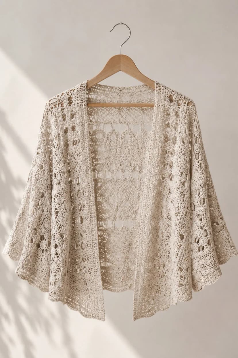 Offener Häkelspitzen-Cardigan Damen Boho Ajour Strickjacke Sommer leicht