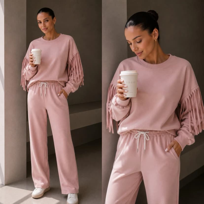 Damen-Freizeitanzug – Zweiteiliges Set mit Fransen Loungewear . Rosa