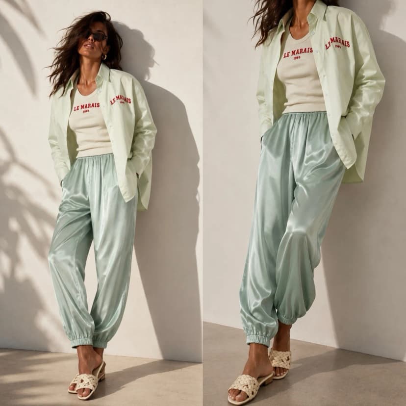 Damen Fließende Hose mit seidigem Glanz Jogger aus 100% Viskose. Pistazie