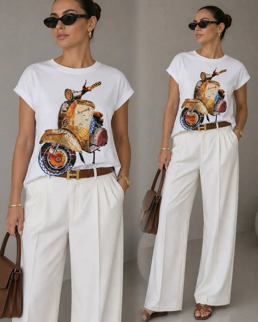 Damen Tshirt Mit Strasssteinen Weiß Basic Shirt Moped Muster