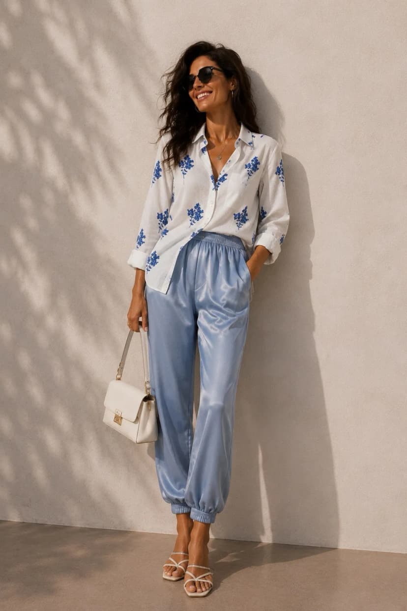 Damen Zweiteiler Set Stickerei Bluse Hose Blau Weiß Sommer Elegant Boho