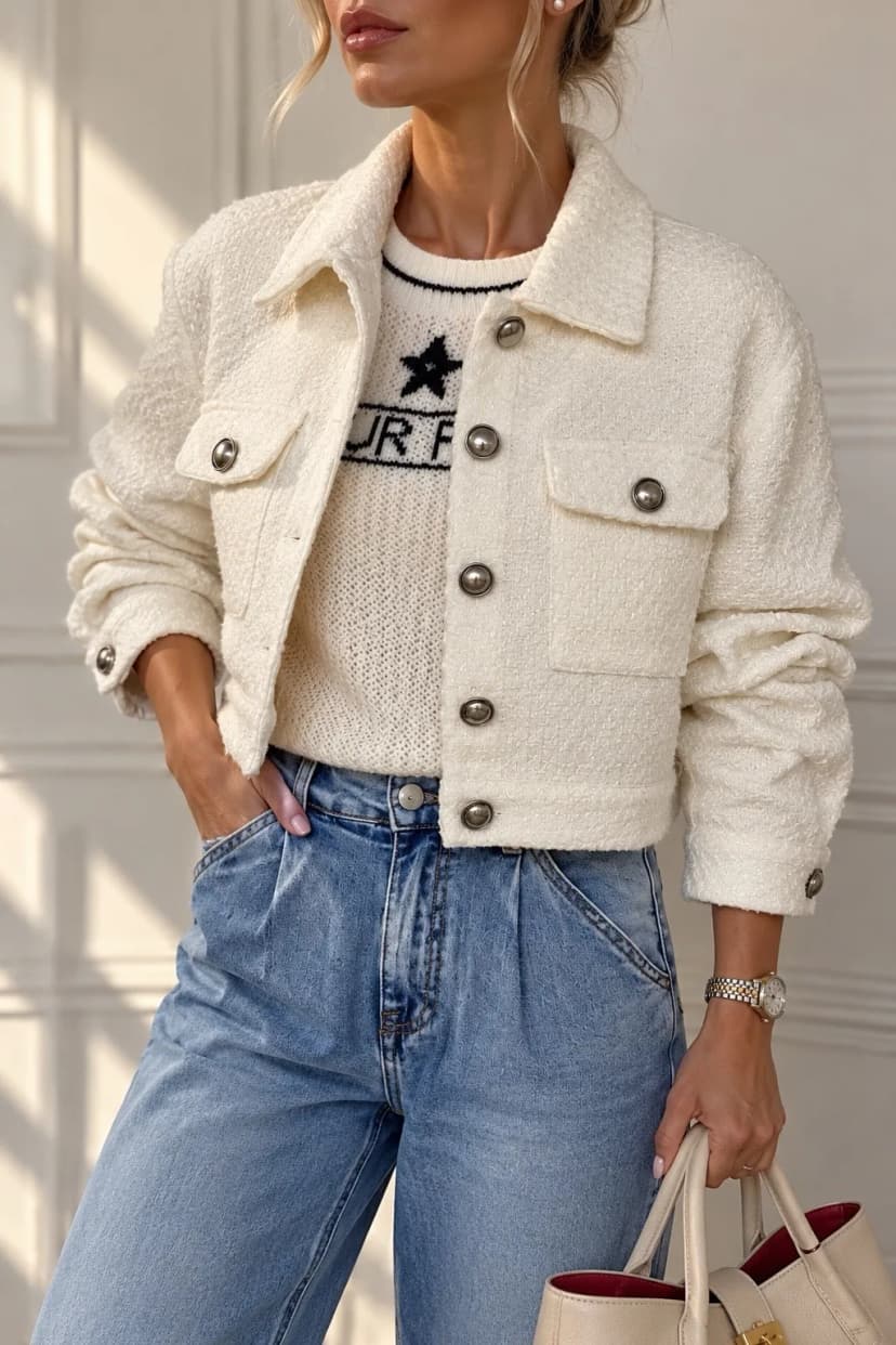 Damen kurze Tweedjacke mit Zierknöpfen Übergangsjacke Blazer Tweed M/L Ecru