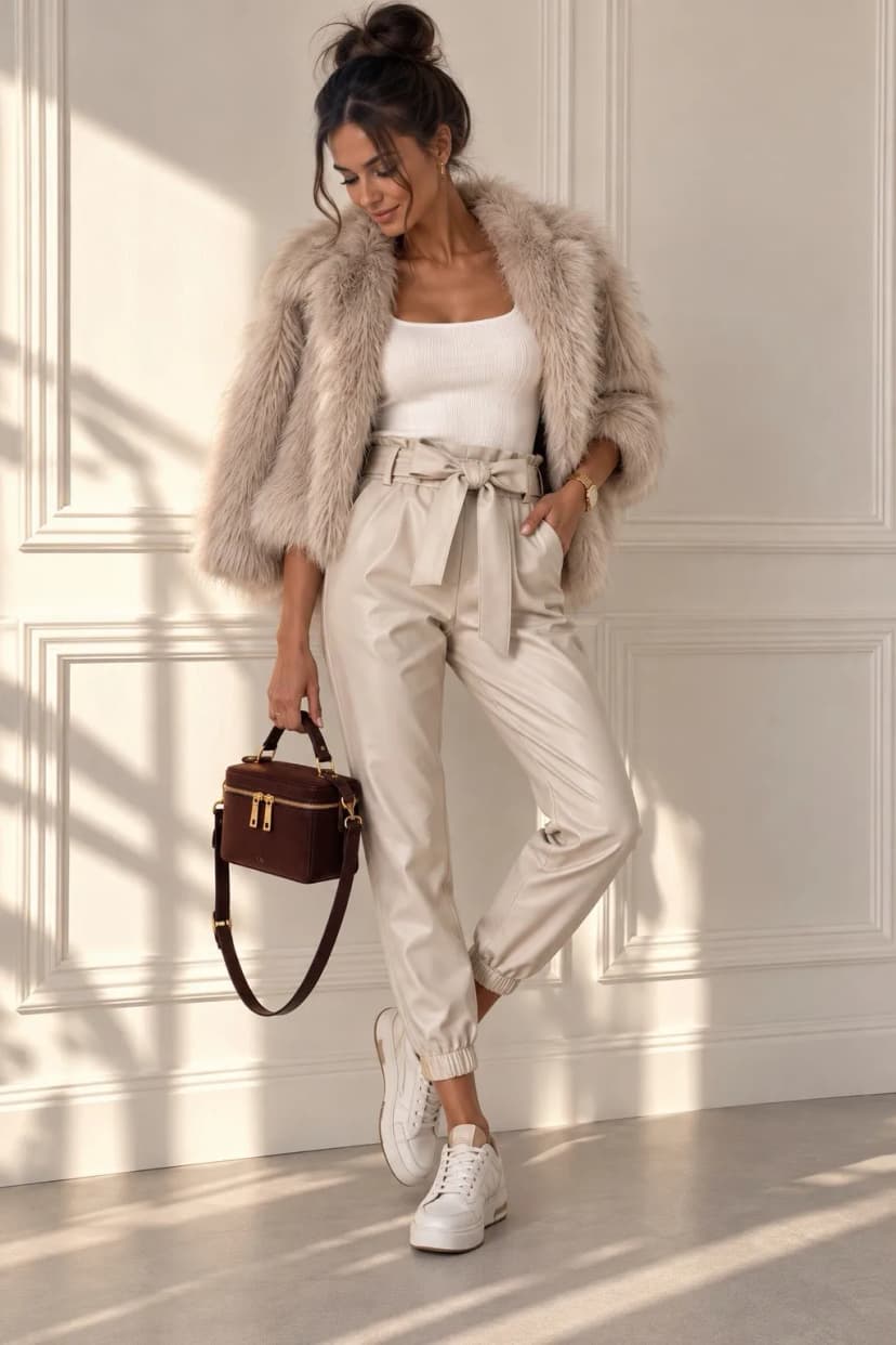 High Waist Paperbag Hose kunstleder hose mit Taschen Pu Leder Bikerhose Gr. S