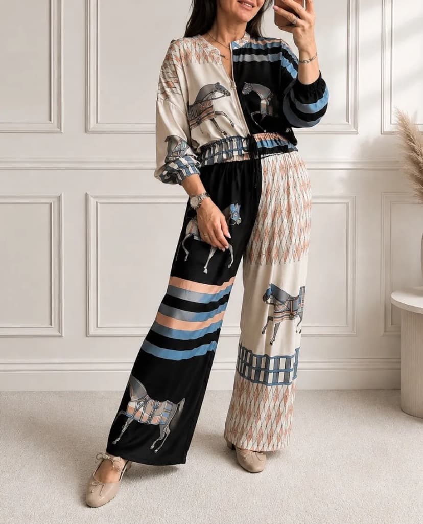 Damen Zweiteiler Viskose Bomberjacke Palazzo Hose Set Print Sommer Elegant