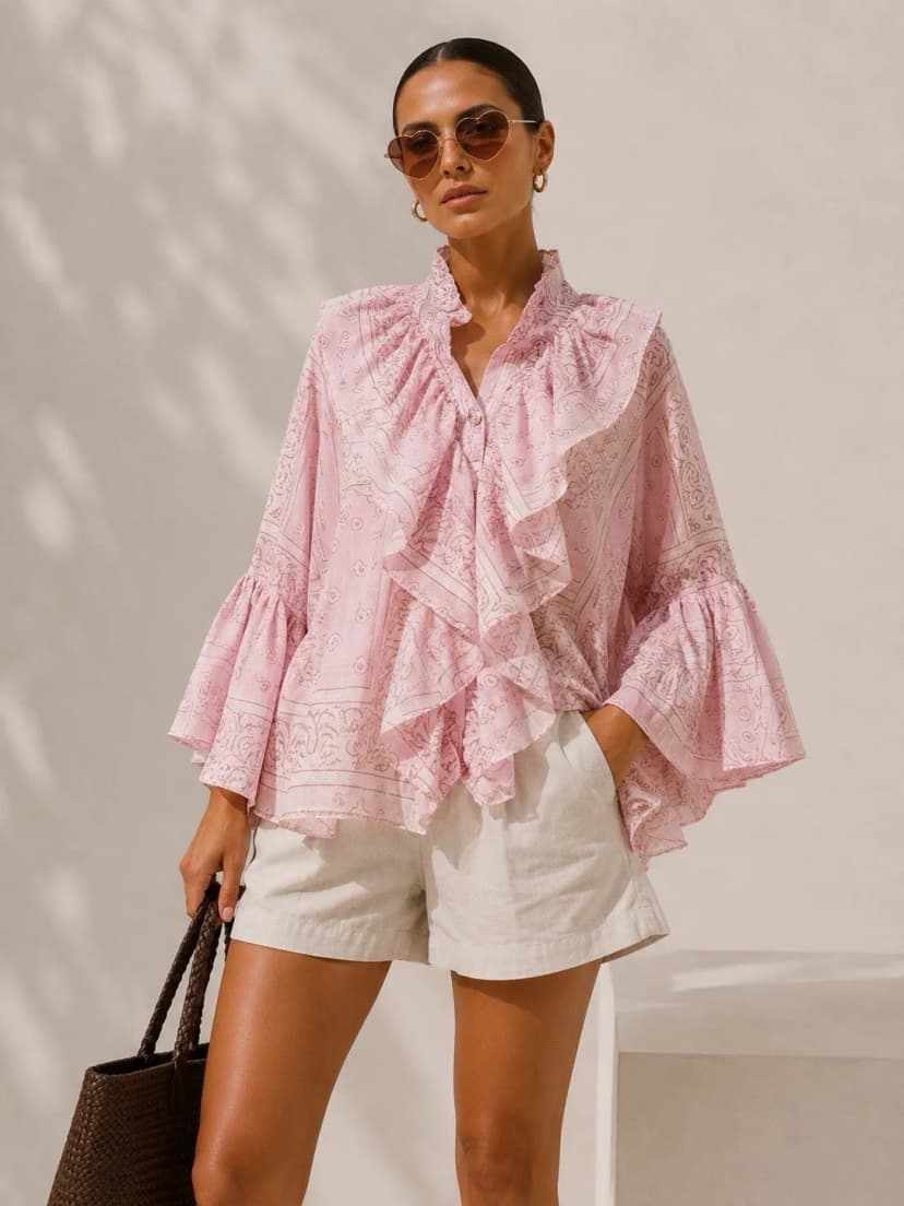 Damen Bluse mit Volants – Bandana Muster – Beige 100% Tencel Rosa