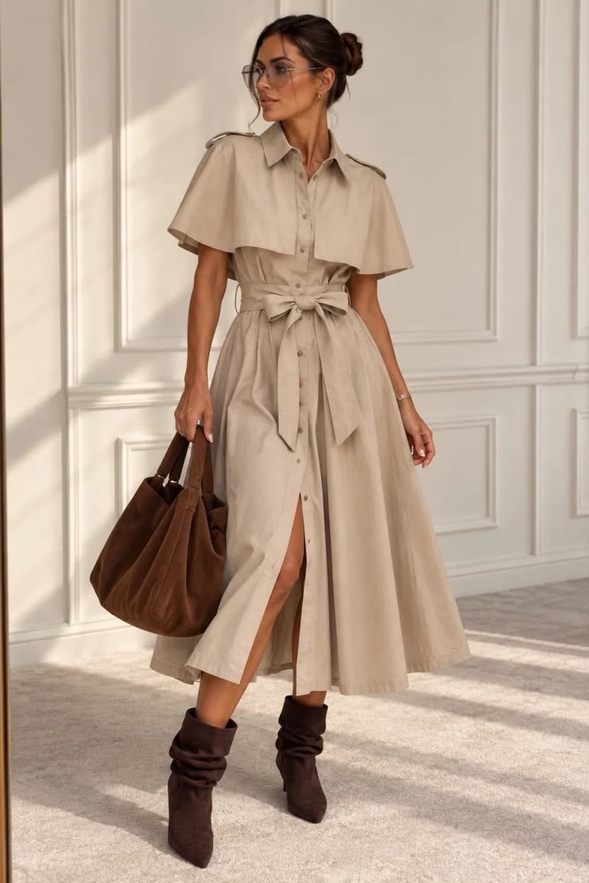 Damen Midi-Hemdblusenkleid im Cape-Stil mit Bindegürtel Gr. L