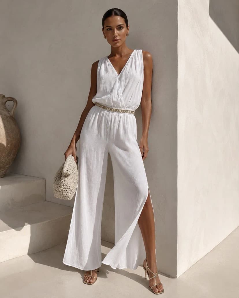 Damen Overall Weiß Baumwolle Micromodal Rückenfrei Sommer Elegant Einteiler
